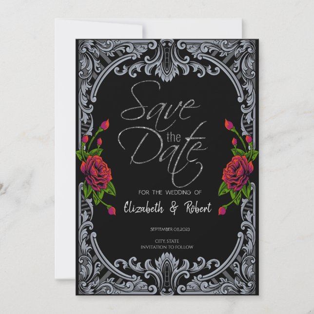 Tarjeta de aviso de salvación gótico de rosas roja (Anverso)