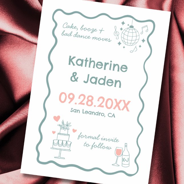 Tarjeta de aviso de salvado azul con garabato capr (Whimsical, fun, doodle, wedding save the date card)