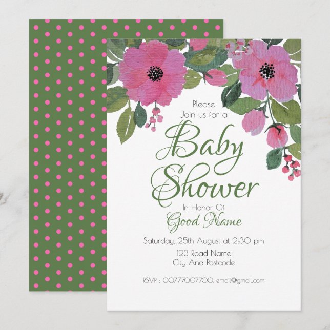 Tarjeta de Baby Shower acuarela rosa floral (Anverso / Reverso)