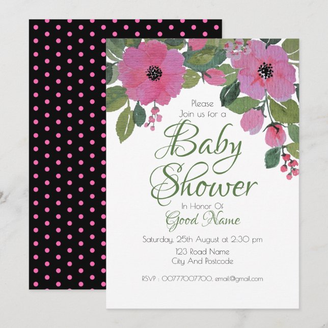 Tarjeta de Baby Shower acuarela rosa floral (Anverso / Reverso)