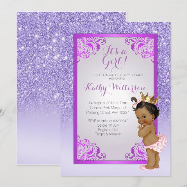 Tarjeta de Baby Shower African American Purple Gol (Anverso / Reverso)