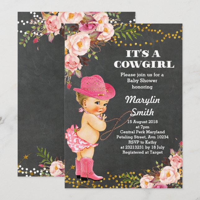 Tarjeta de Baby Shower Chalkboard Rustic Cowgirl (Anverso / Reverso)