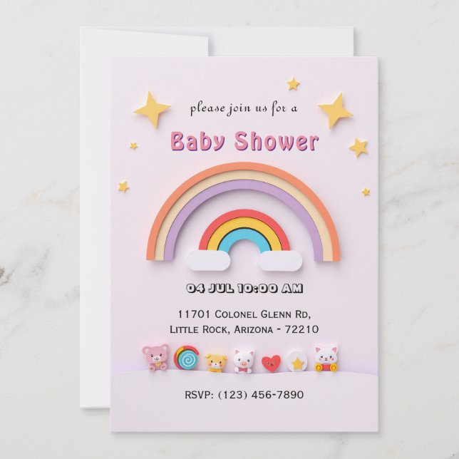 Tarjeta de Baby Shower con arcoiris lúdico con ani (Anverso)