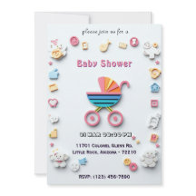 Tarjeta de Baby Shower con Cochecito y Iconos Ador
