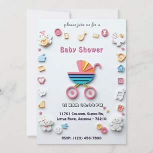 Tarjeta de Baby Shower con Cochecito y Iconos Ador