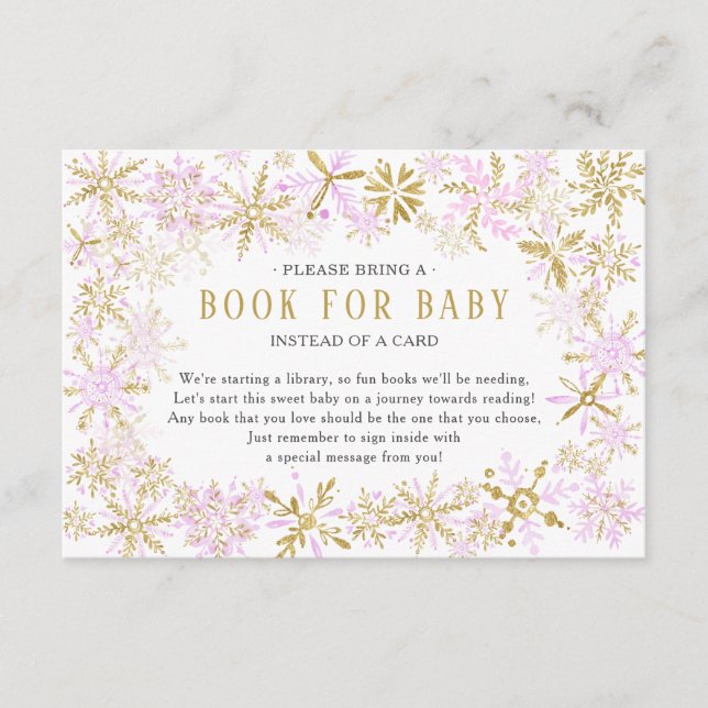 Tarjeta de Baby Shower de copo de nieve de oro ros (Anverso)