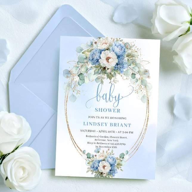 Tarjeta de Baby Shower de Flores Azules Polvorient (Trendy Dusty Blue Flowers Gold Baby Shower Card

)