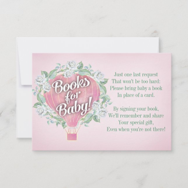 Tarjeta de Baby Shower de globo rosa trae un libro (Anverso)