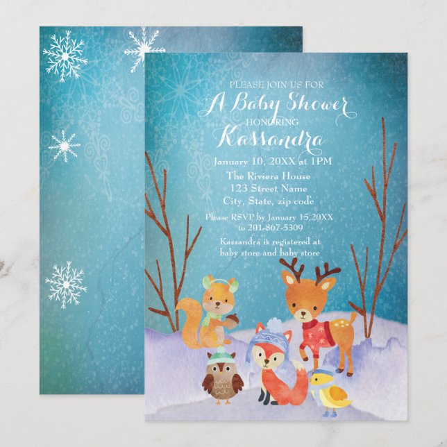 Tarjeta de Baby Shower de Winter Woodland Animals (Anverso / Reverso)