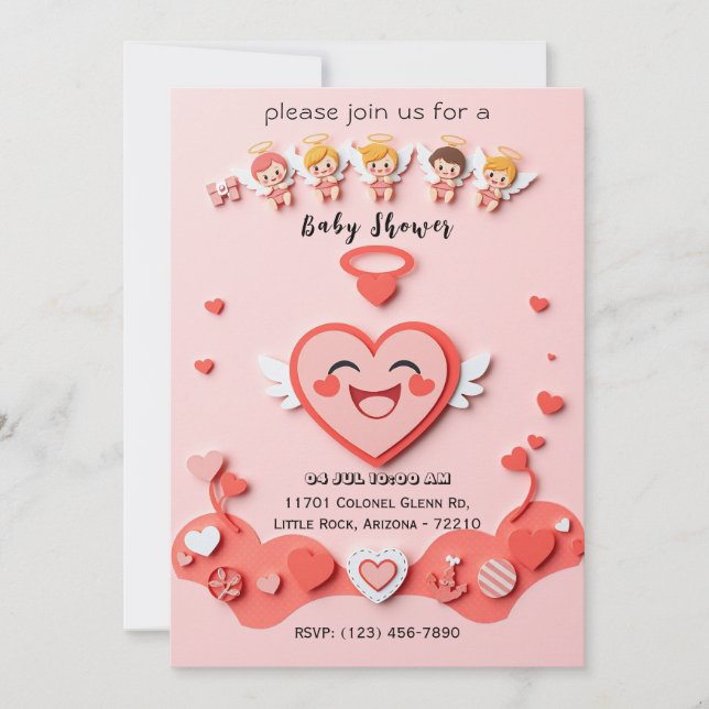 Tarjeta de Baby Shower dulce con corazón y ángeles (Anverso)
