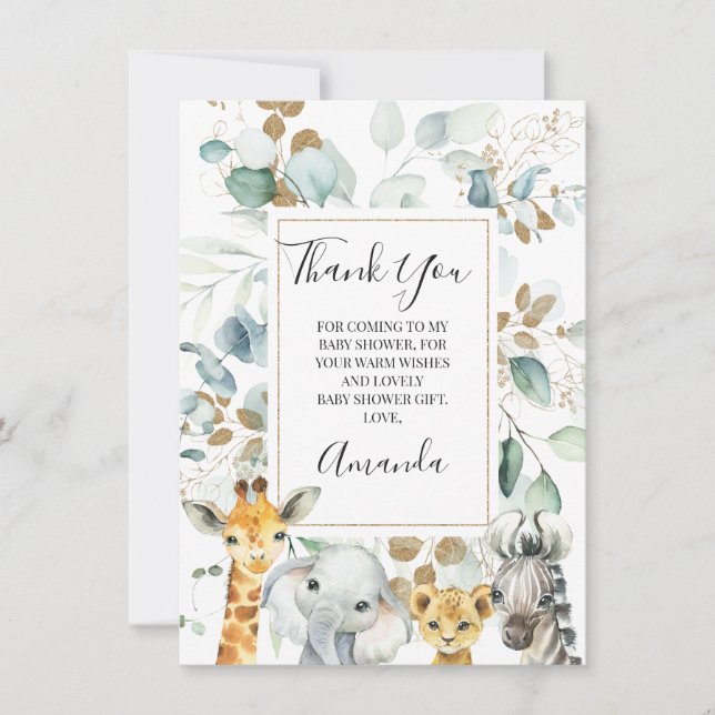 Tarjeta de Baby Shower Eucalyptus Gold Safari Anim (Anverso)