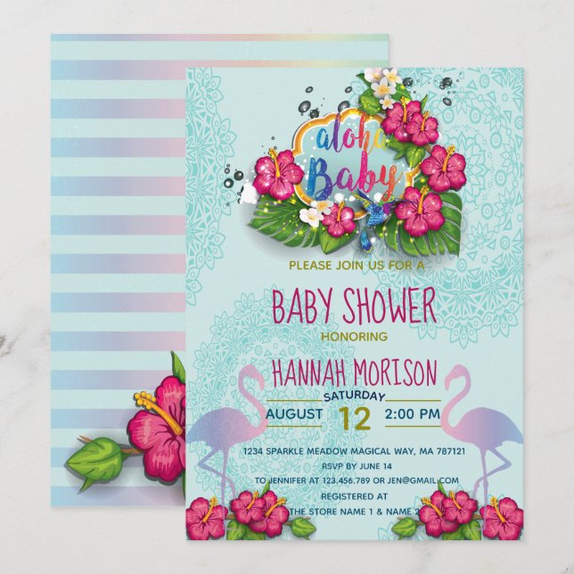 Tarjeta de Baby Shower Floral Tropical Aloha Baby (Anverso / Reverso)