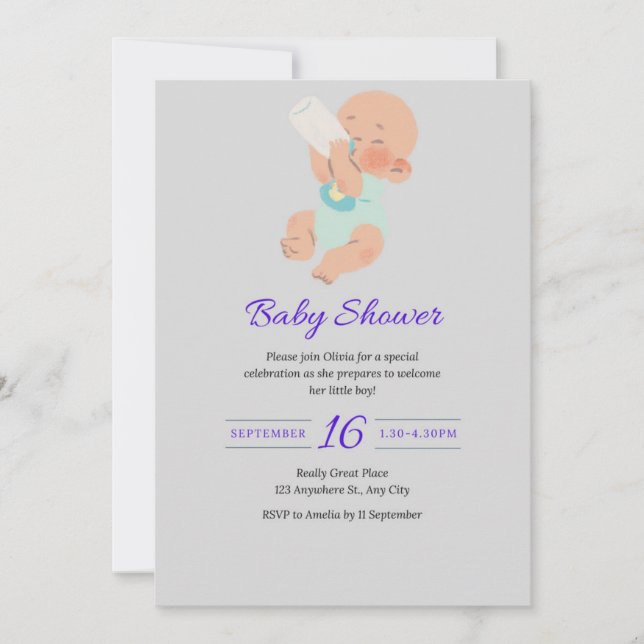 Tarjeta de Baby Shower gris moderna con niño bebé (Anverso)