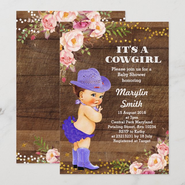 Tarjeta de Baby Shower Purple Rustic Cowgirl (Anverso / Reverso)