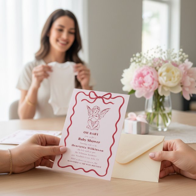 Tarjeta de Baby Shower Rosa con Lazo Rojo de Queru (Subido por el creador)