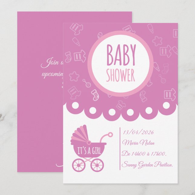Tarjeta de Baby Shower Rosa 'Es una Niña' | Bebé A (Anverso / Reverso)