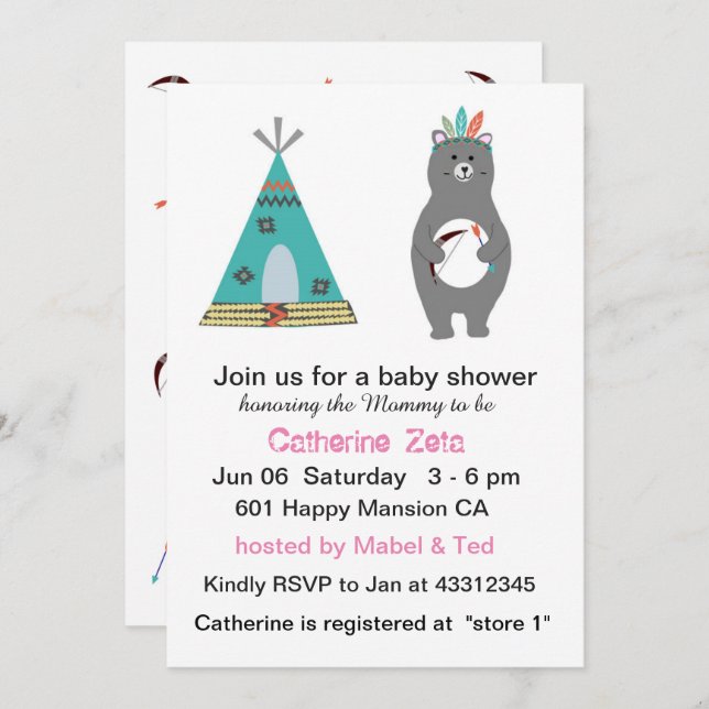 Tarjeta de Baby Shower tribal Bear (Anverso / Reverso)