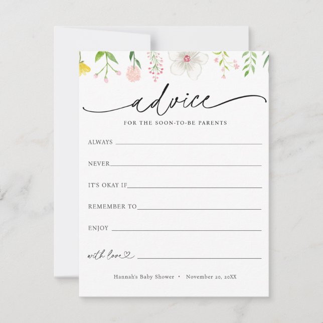 Tarjeta de Baby Shower Wildflower Advice para padr (Anverso)