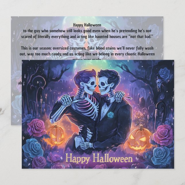 Tarjeta de baile de esqueleto romántico 🎃🌈 (Anverso / Reverso)