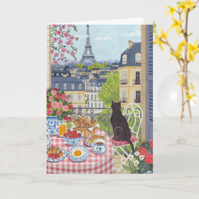 Tarjeta de Balcón de París Desayuno Gato Torre Eif (flor amarilla)