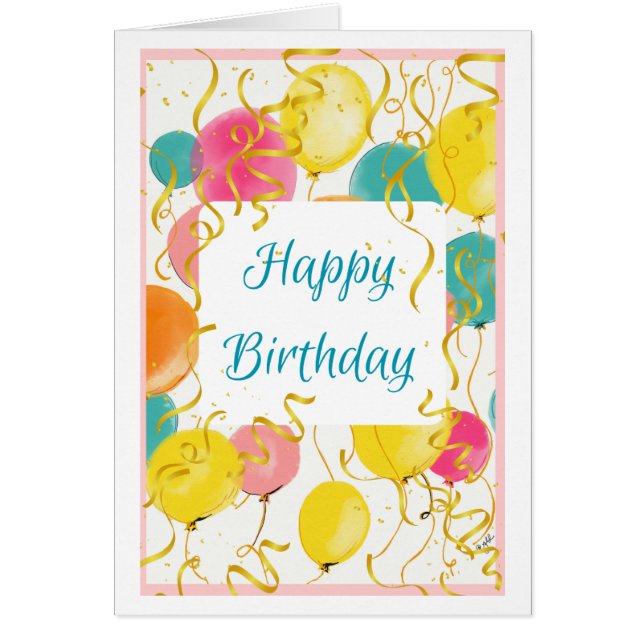 Tarjeta de Balones de Cumpleaños de Acuarela para  (Frente)