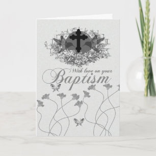 Tarjeta De Baptismo Con Flores Y Aves Que Recorren