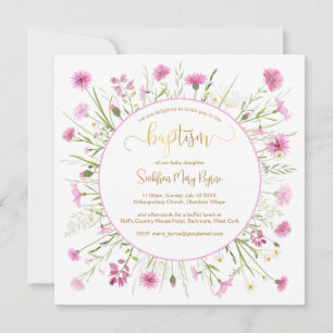 Tarjeta de Baptismo de Flor Silvestre Rosa Fuente 