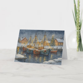 Tarjeta de barcos pesqueros en Navidades portuario