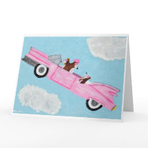 Tarjeta de Basset Hound en convertible rosa en el 