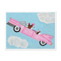 Tarjeta de Basset Hound en convertible rosa en el 