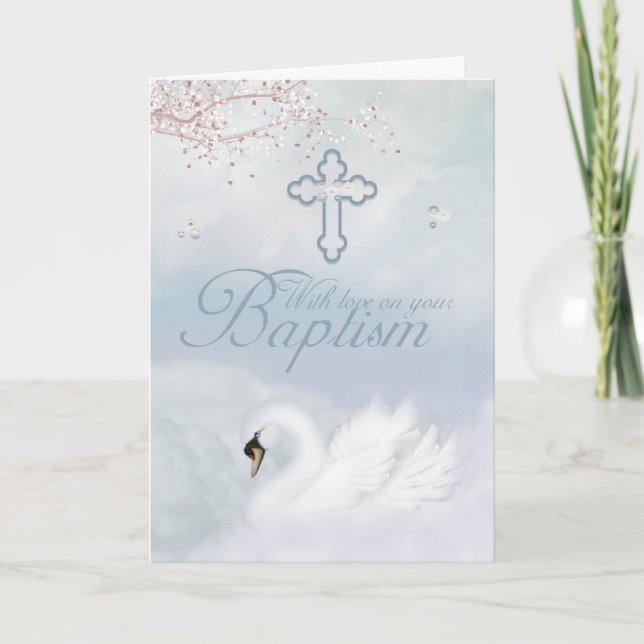 Tarjeta de bautismo con cisne rosa (Anverso)