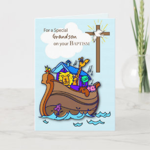 Tarjeta de bautismo de nieto con arca de Noé, azul