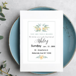 Tarjeta de Bautismo minimalista con Cruz y Flores