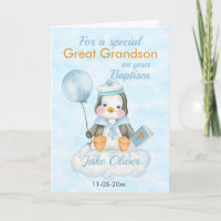 Tarjeta de bautismo pingüino azul para grandes nie