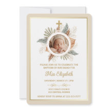 Tarjeta de Bautizo de Niña con Verde Cruz Foto Ele