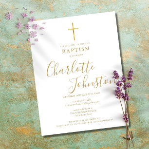 Tarjeta de Bautizo Moderna con Firma en Script Dor