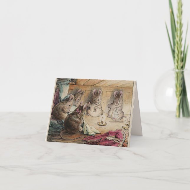 Tarjeta de Beatrix Potter de ratones sastres cosie (Anverso)