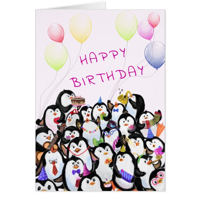 Tarjeta de bebé de cumpleaños Fiesta de pingüinos  (Frente)