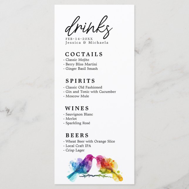 🌈 Tarjeta de bebidas Rainbow Lovebirds Collection (Anverso)