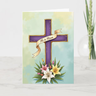 Tarjeta de bendición floral de cruz púrpura