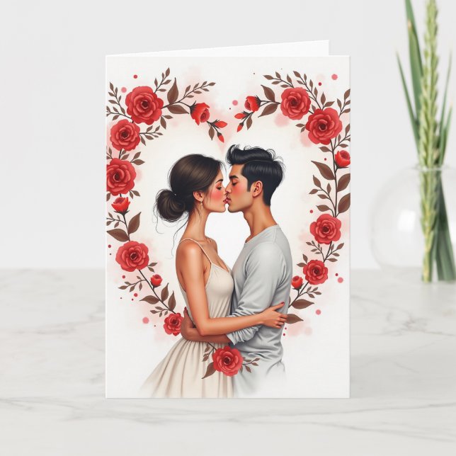 Tarjeta de beso de rosas rojas románticas (Anverso)