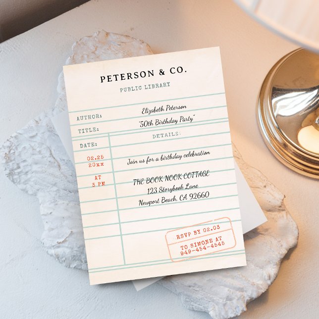 Tarjeta de biblioteca antigua Amante de los libros (book lover birthday party invitation library card vintage bookworm literary librarian chic script)