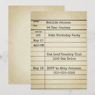 Tarjeta de biblioteca antigua Fiesta de cumpleaños