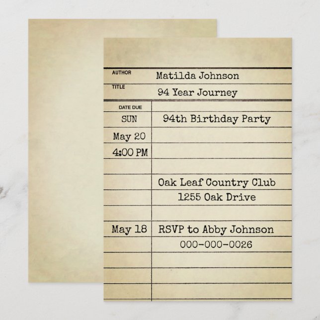 Tarjeta de biblioteca antigua Fiesta de cumpleaños (Anverso / Reverso)