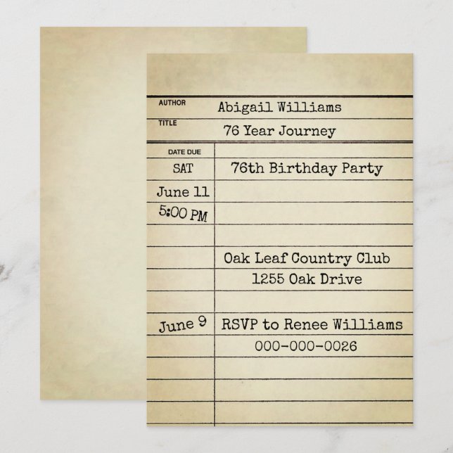 Tarjeta de biblioteca antigua Fiesta de cumpleaños (Anverso / Reverso)