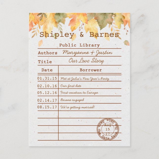Tarjeta de biblioteca de hojas de otoño | Guardar  (Anverso)