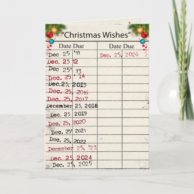 Tarjeta de biblioteca de Navidad 2026 con fechas d (Anverso)
