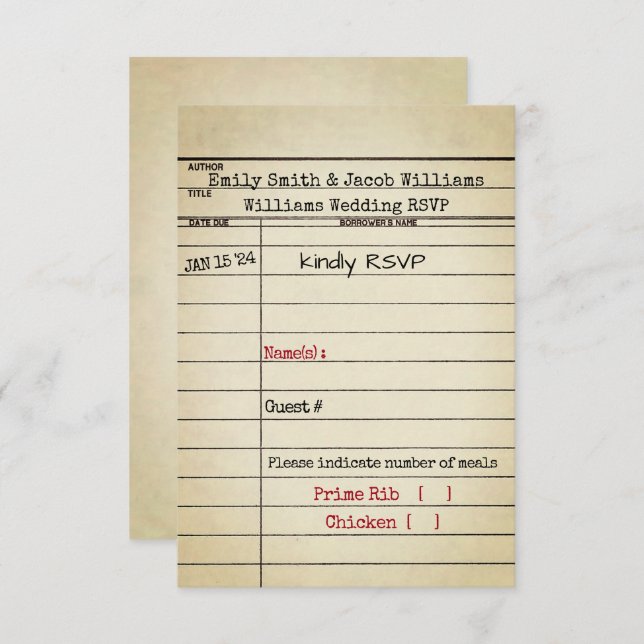Tarjeta de biblioteca retro Boda RSVP (Anverso / Reverso)