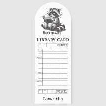 Tarjeta de biblioteca retro con un mapache lindo l