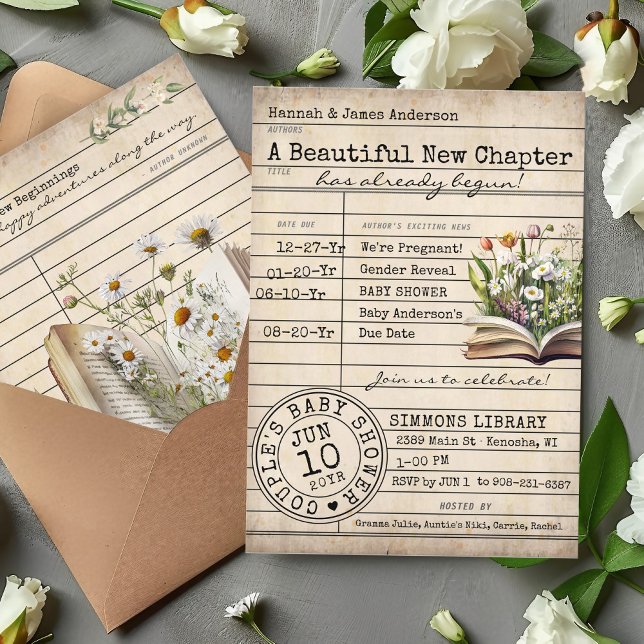 Tarjeta de biblioteca vintage Libros Florales Cuid (A new chapter cute vintage floral library card book theme timeline couple's baby shower invitation)